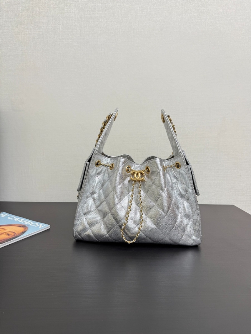 Chanel 25C Small Bucket Bag in Grained Calfskin AS5293 Metallic Silver