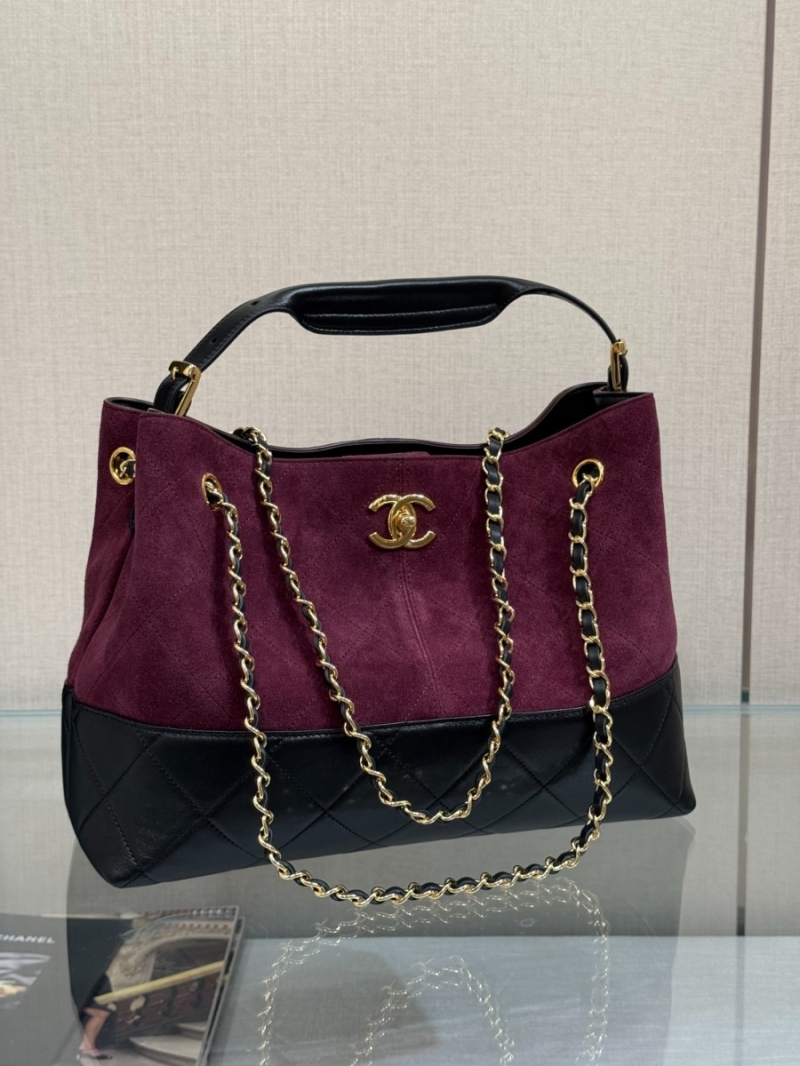 Chanel Small Shopping Bag AS5634 – Quilted Suede Calfskin and Calfskin Leather Tote with Gold-Tone Chain and Top Handle Burgundy & Black