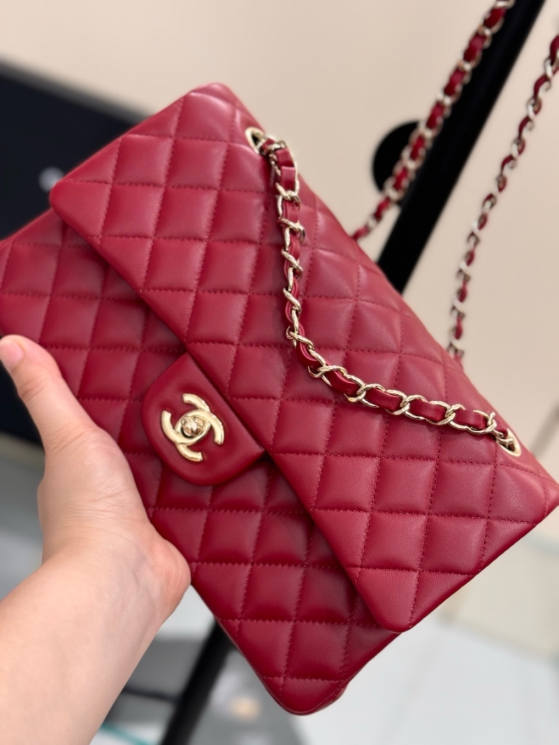 Chanel CF 1112 Classic Flap Bag Qulited Lambskin with Light Gold Hardware in Deep Red