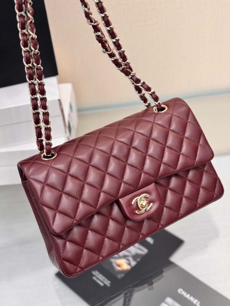 Chanel CF 1112 Classic Flap Bag Qulited Lambskin with Light Gold Hardware in Dark Burgundy