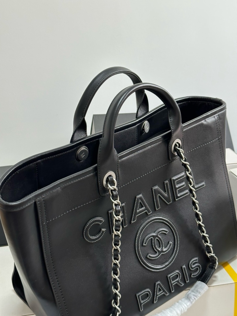 Chanel Large Tote 2 in 1 Calfskin Deauville Bag A66941 Black Embroidered Logo