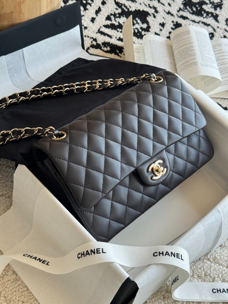 Chanel CF 1112 Classic Flap Bag Qulited Lambskin with Light Gold Hardware in Dark Coffee