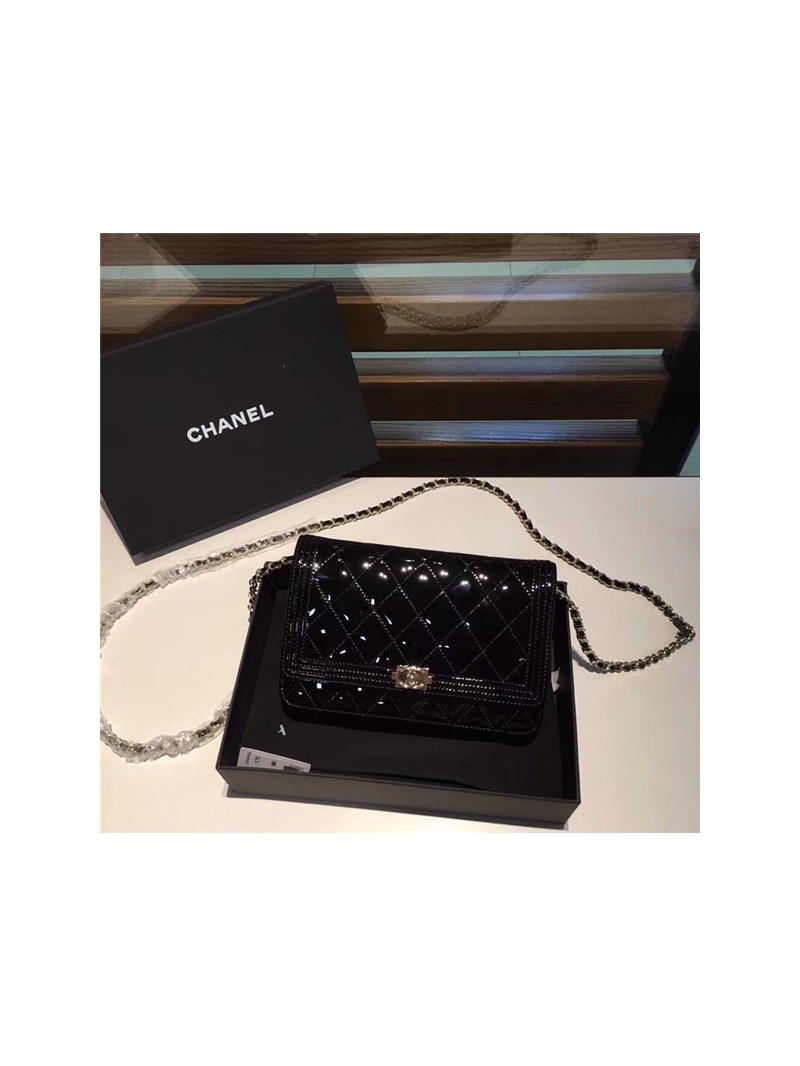 Chanel Patent Calfskin Quilted Boy Wallet On Chain WOC black 
