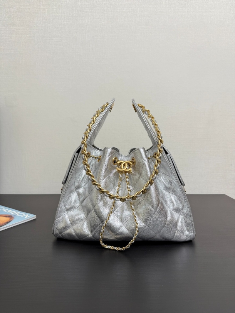 Chanel 25C Small Bucket Bag in Grained Calfskin AS5293 Metallic Silver