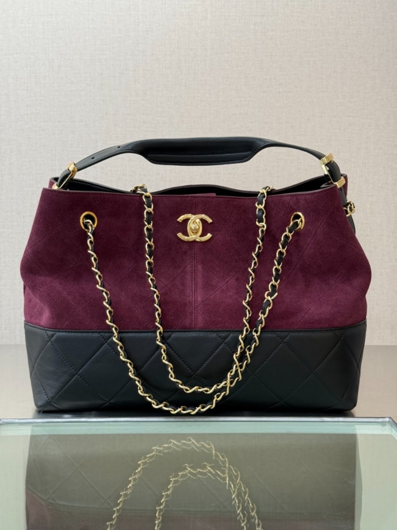 Chanel Small Shopping Bag AS5634 – Quilted Suede Calfskin and Calfskin Leather Tote with Gold-Tone Chain and Top Handle Burgundy & Black