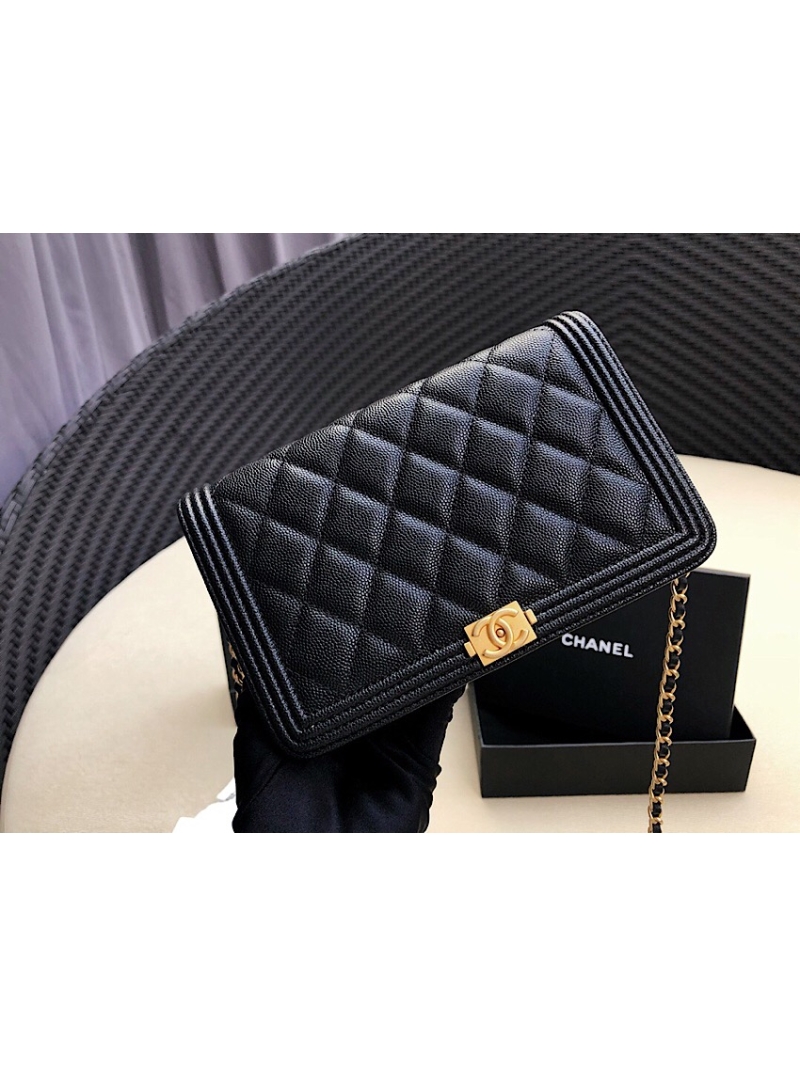 Chanel New Boy Wallet on Chain Grained Calfskin A80287 Black