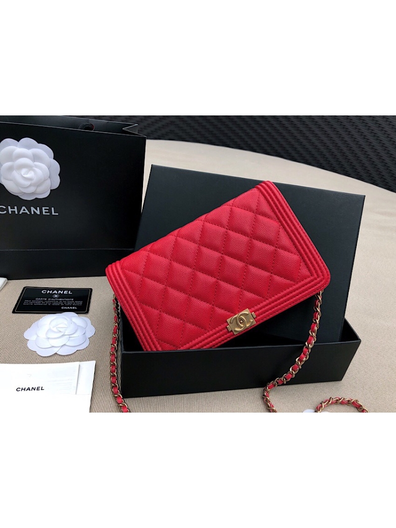 Chanel New Boy Wallet on Chain Grained Calfskin A80287 Red