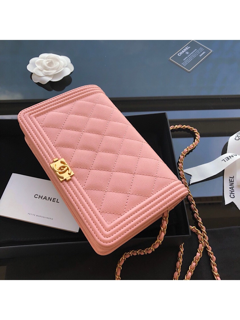 Chanel New Boy Wallet on Chain Grained Calfskin A80287 Pink