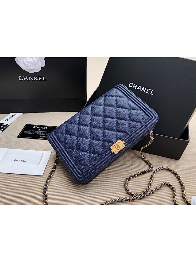 Chanel New Boy Wallet on Chain Grained Calfskin A80287 Navy Blue