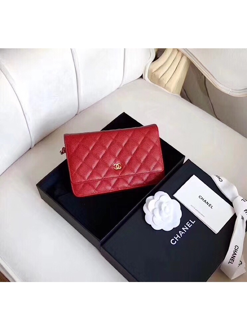 Chanel Classic Caviar Wallet On Chain WOC Red Bag