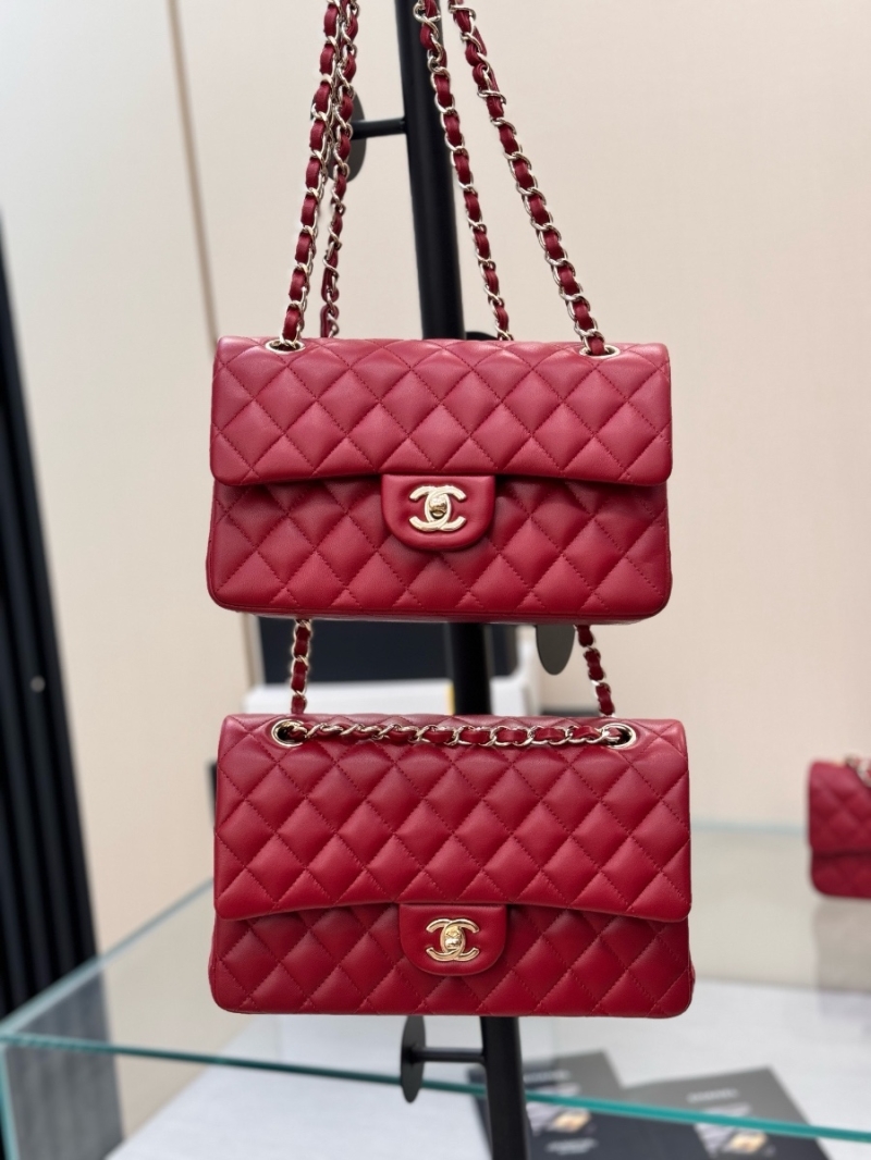 Chanel CF 1112 Classic Flap Bag Qulited Lambskin with Light Gold Hardware in Deep Red