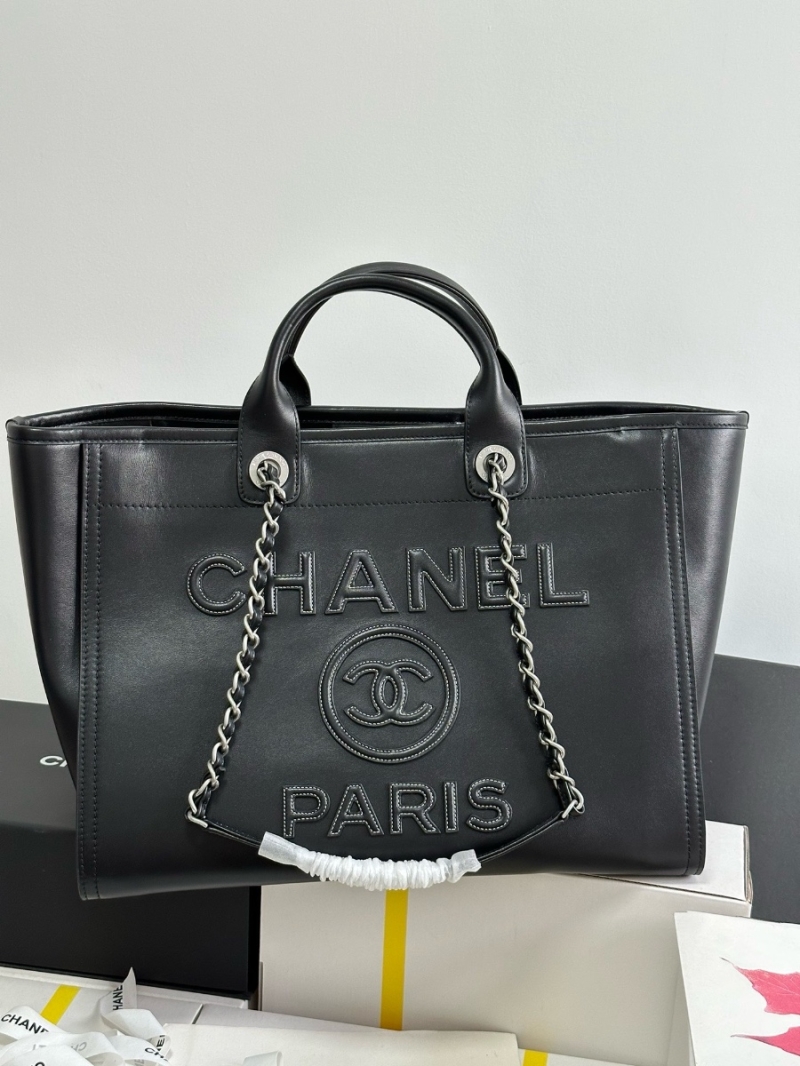Chanel Large Tote 2 in 1 Calfskin Deauville Bag A66941 Black Embroidered Logo