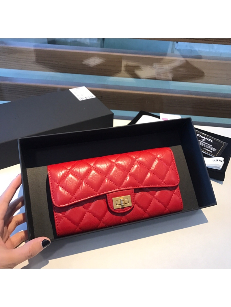Chanel 2.55 Long Flap Wallet A80829 with Aged Calfskin Red