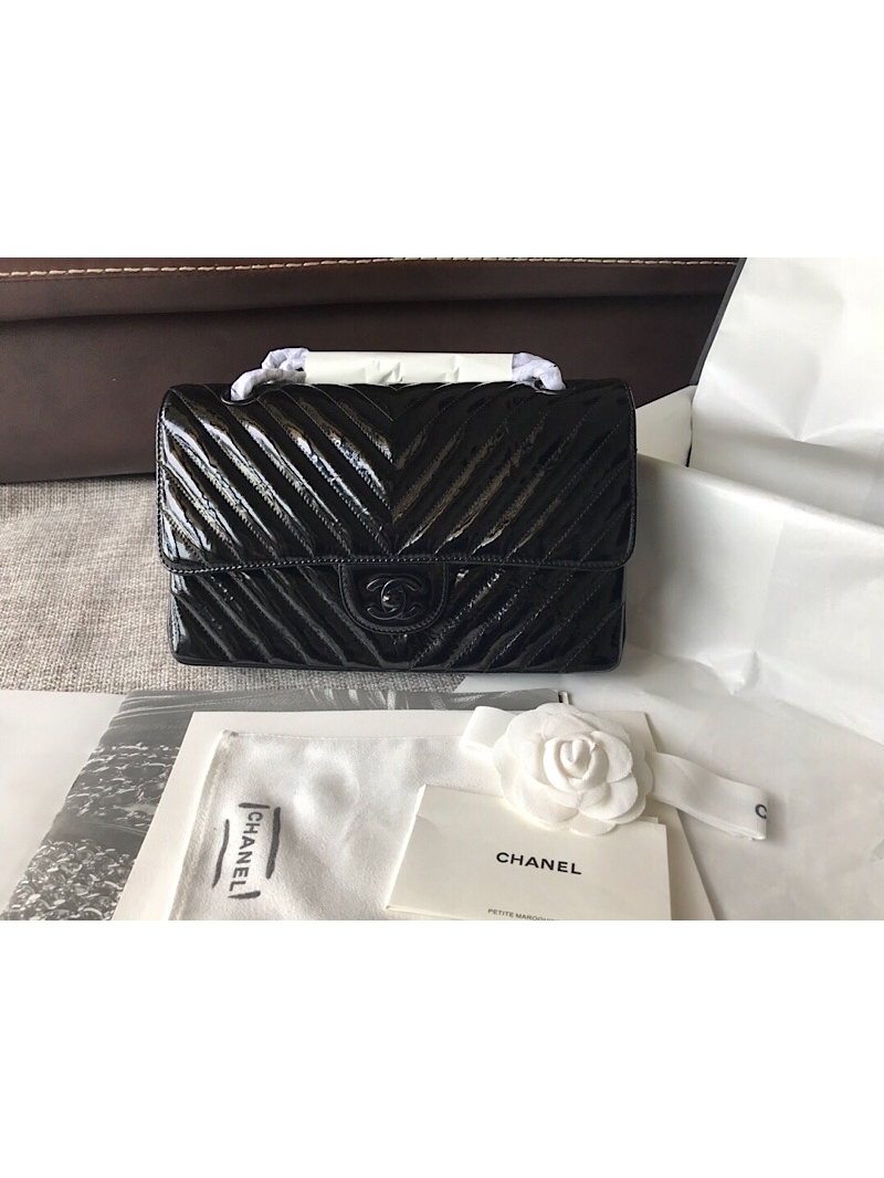 Chanel Chevron Classic Flap Bag So Black Patent Calfskin