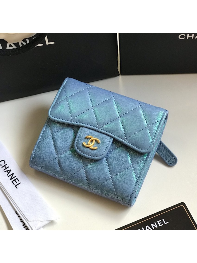 Chanel Small Zip Pocket Wallet Iridescent Blue Grainy Calfskin A82288