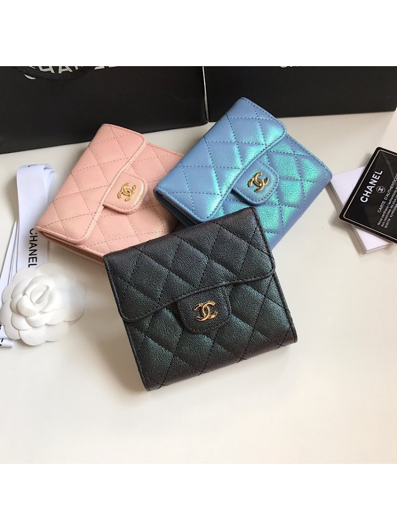 Chanel Small Zip Pocket Wallet Iridescent Black Grainy Calfskin A82288