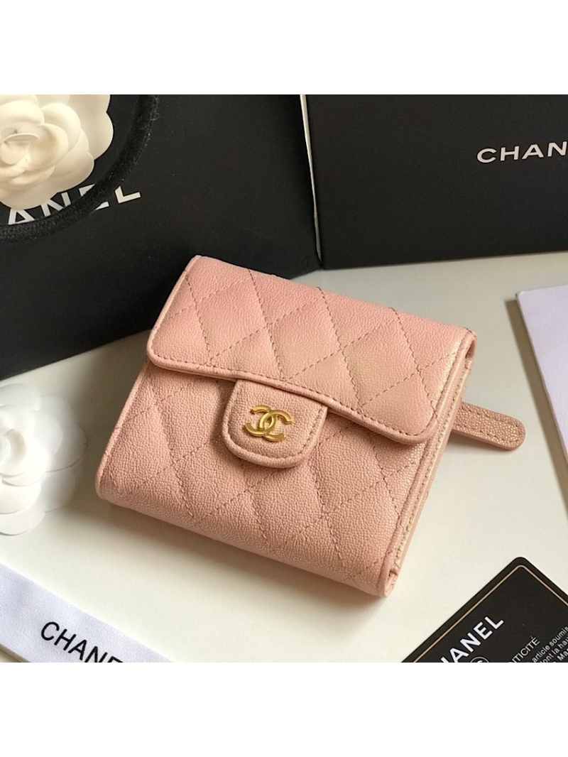 Chanel Small Zip Pocket Wallet Iridescent Pink Grainy Calfskin A82288