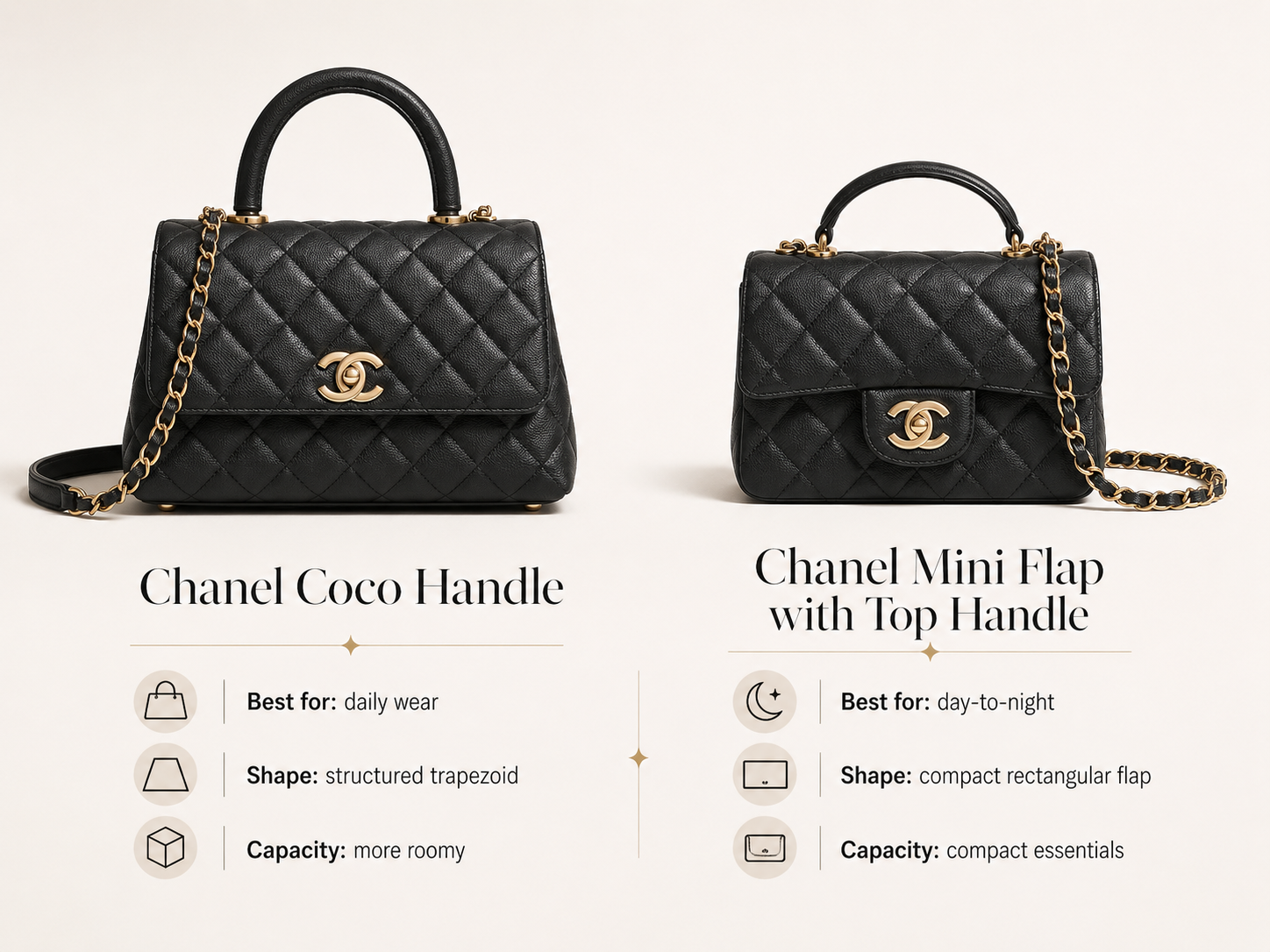 Comparison of Chanel Coco Handle and Chanel Mini Flap with Top Handle