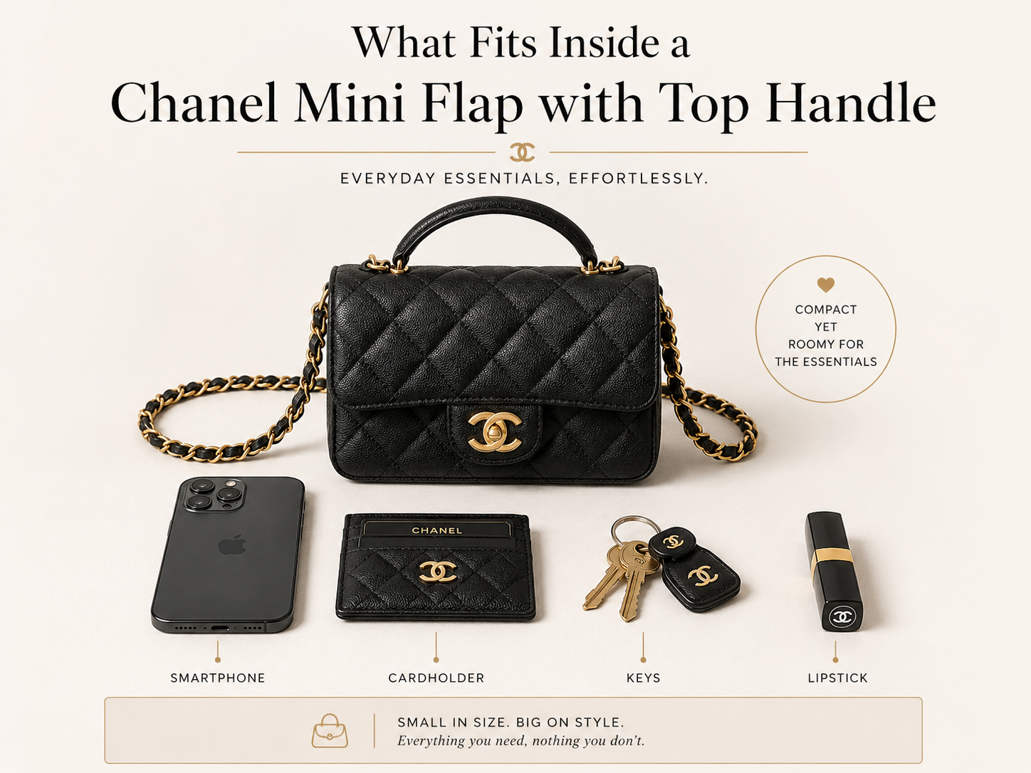 Items that fit inside a Chanel Mini Flap with Top Handle including phone cardholder keys and lipstick